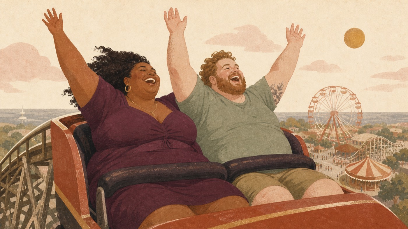 Illustration of two fat friends laughing with their arms up on a roller coaster above a sunny amusement park.