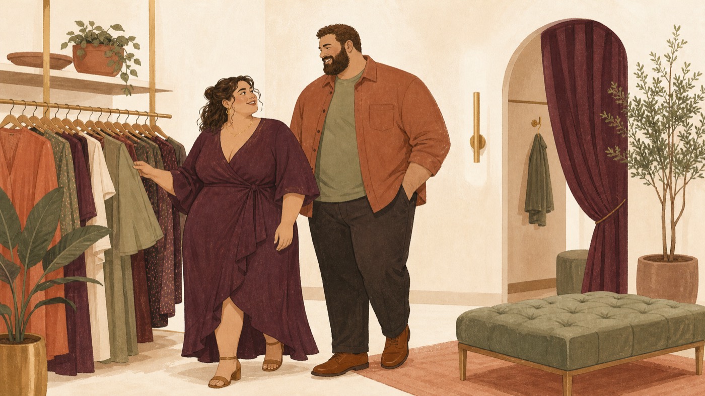 Illustration of a fat woman in a wrap dress and a big and tall man browsing clothing racks in a boutique.
