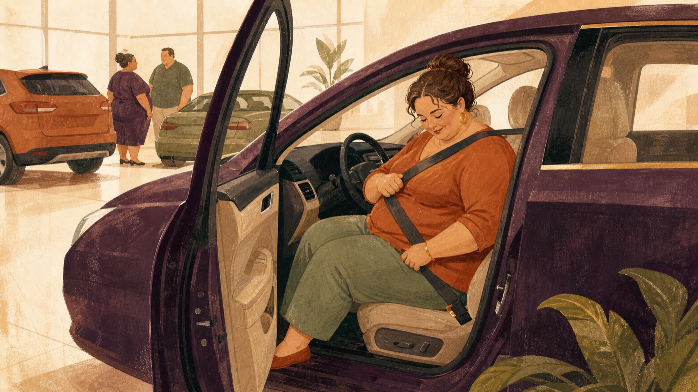 Illustration of a fat woman in the driver's seat of a car at a dealership, checking how the seat belt fits.