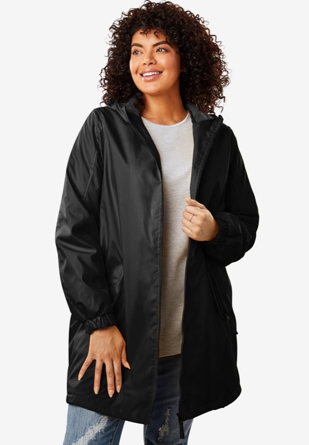 Woman Within Fleece-Lined Mid-Length Slicker Raincoat