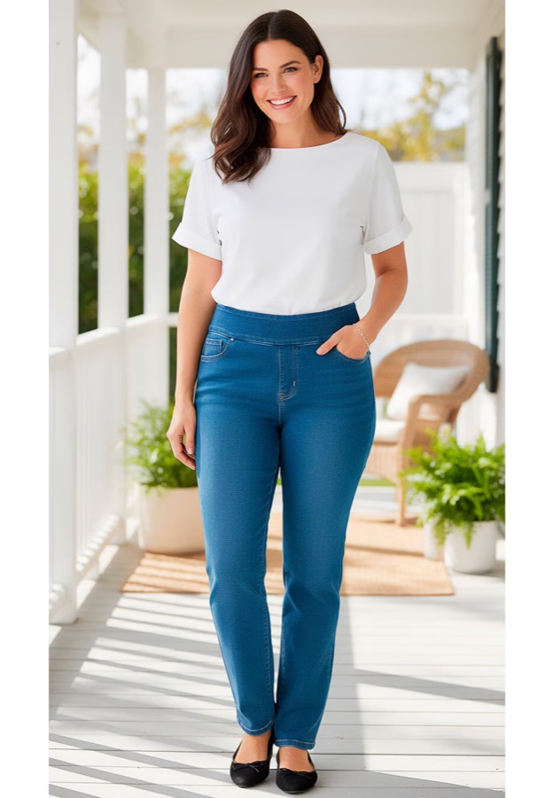 Woman Within Smooth Waist Pull-On Flex Fit Straight-Leg Stretch Denim Jeans